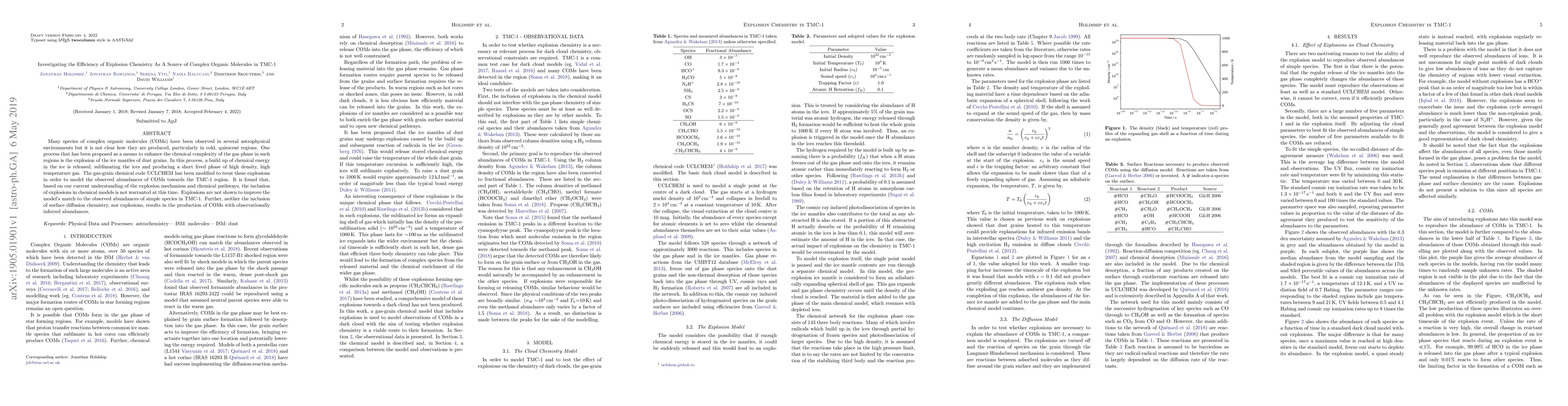 Thumbnail for Investigating the Efficiency of Explosion Chemistry as a Source of
  Complex Organic Molecules in TMC-1
