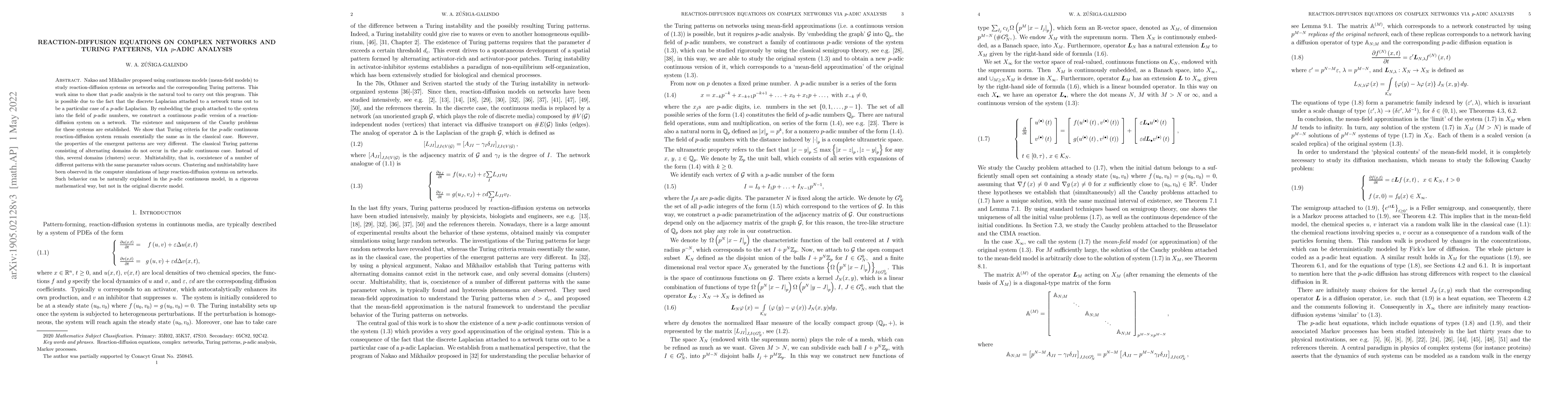 Thumbnail for Reaction-diffusion Equations on Complex Networks and Turing Patterns,
  via p-Adic Analysis