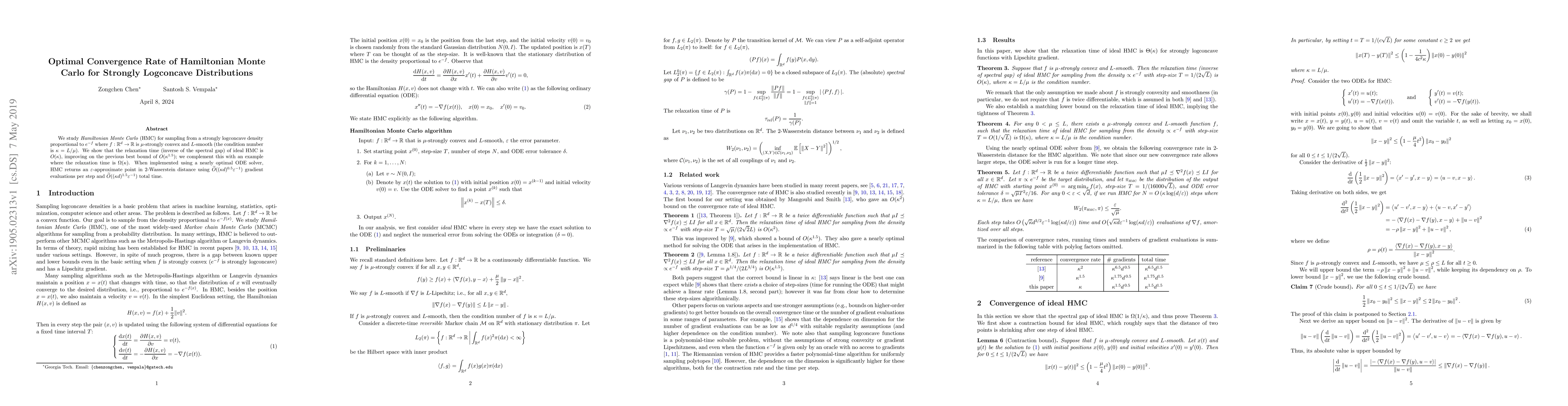Thumbnail for Optimal Convergence Rate of Hamiltonian Monte Carlo for Strongly
  Logconcave Distributions