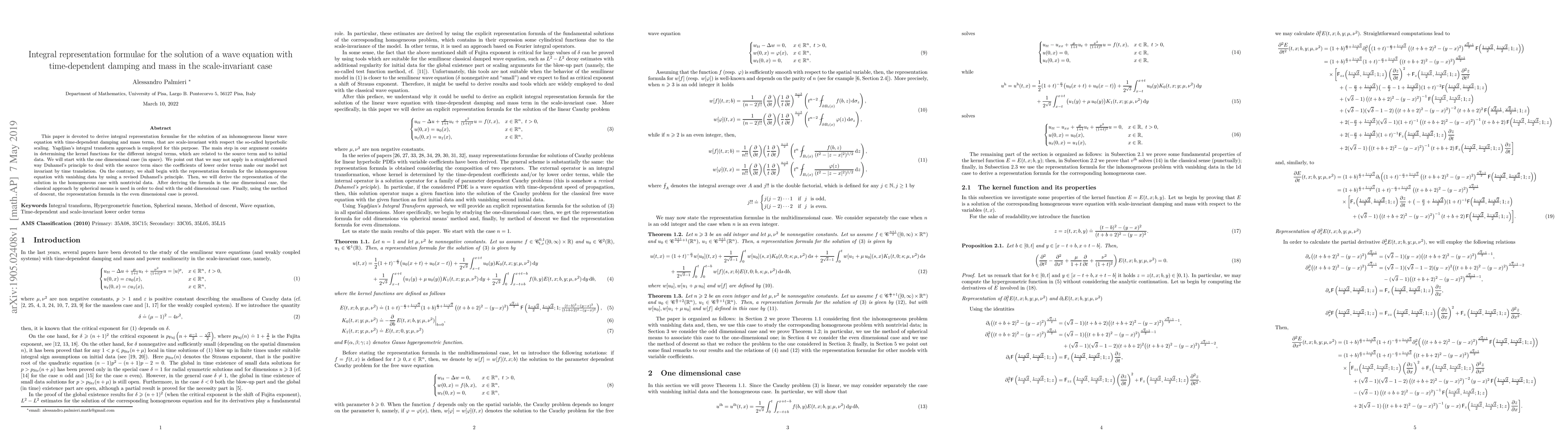 Thumbnail for Integral representation formulae for the solution of a wave equation
  with time-dependent damping and mass in the scale-invariant case