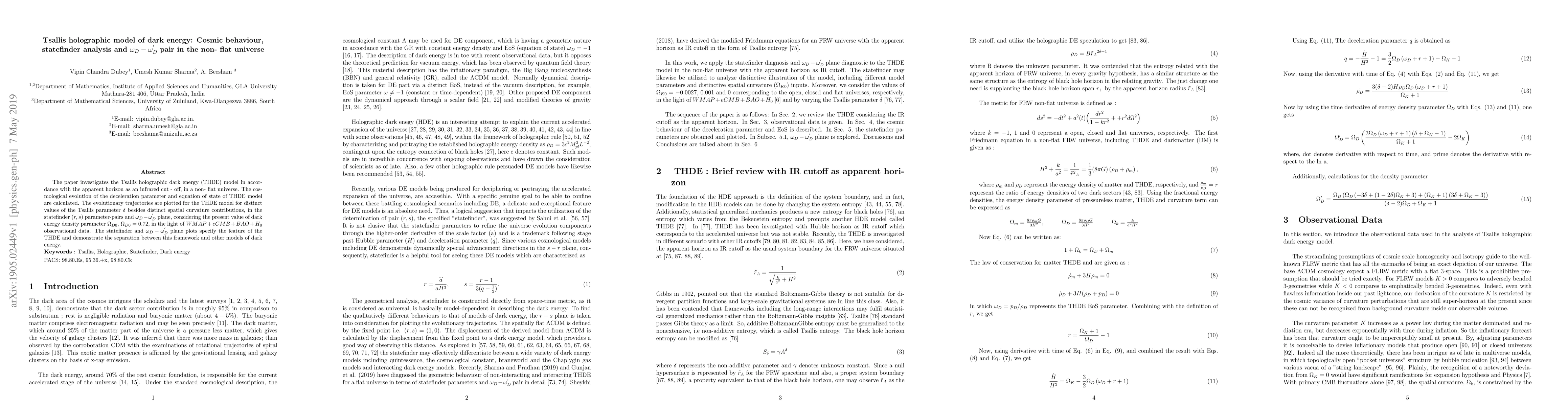 Thumbnail for Tsallis holographic model of dark energy: Cosmic behaviour, statefinder
  analysis and $\omega_D-\omega_D'$ pair in the non-flat universe