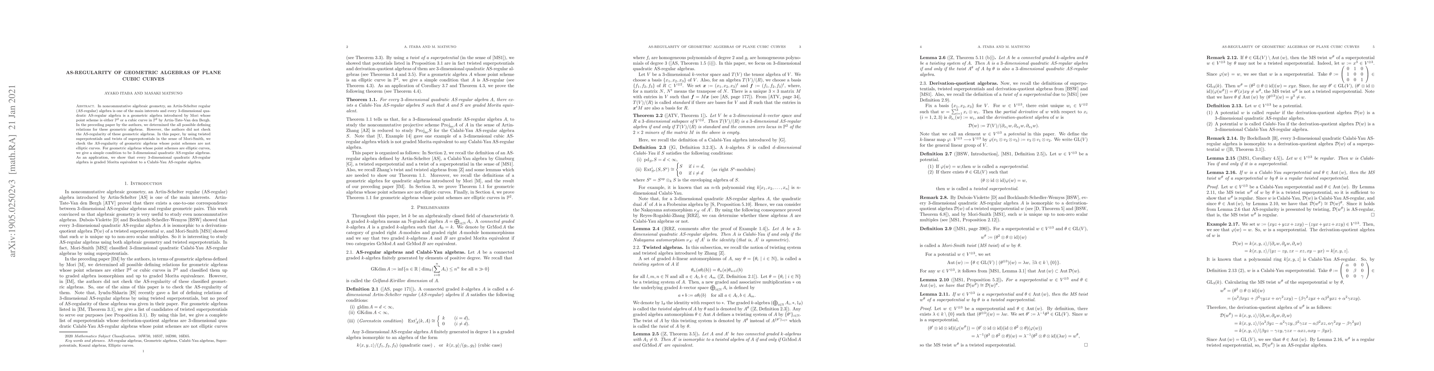 Thumbnail for AS-regularity of geometric algebras of plane cubic curves