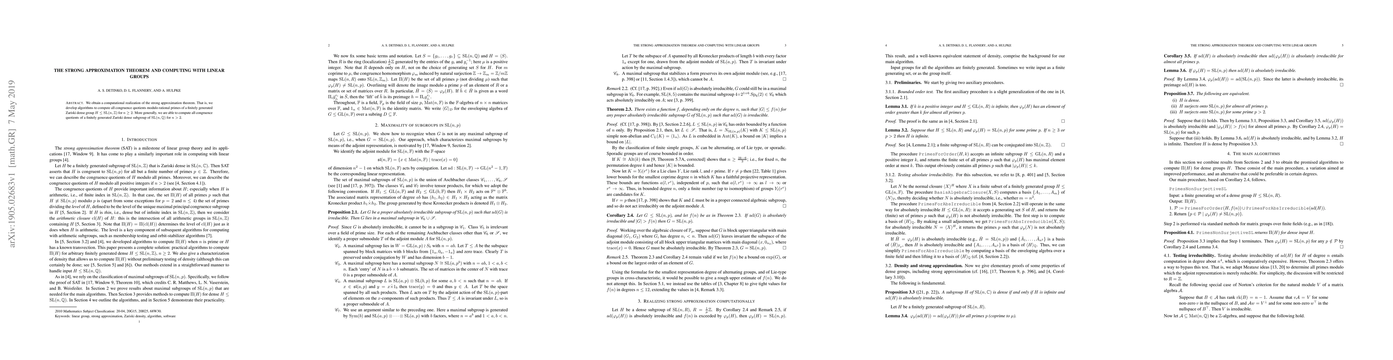 Thumbnail for The strong approximation theorem and computing with linear groups