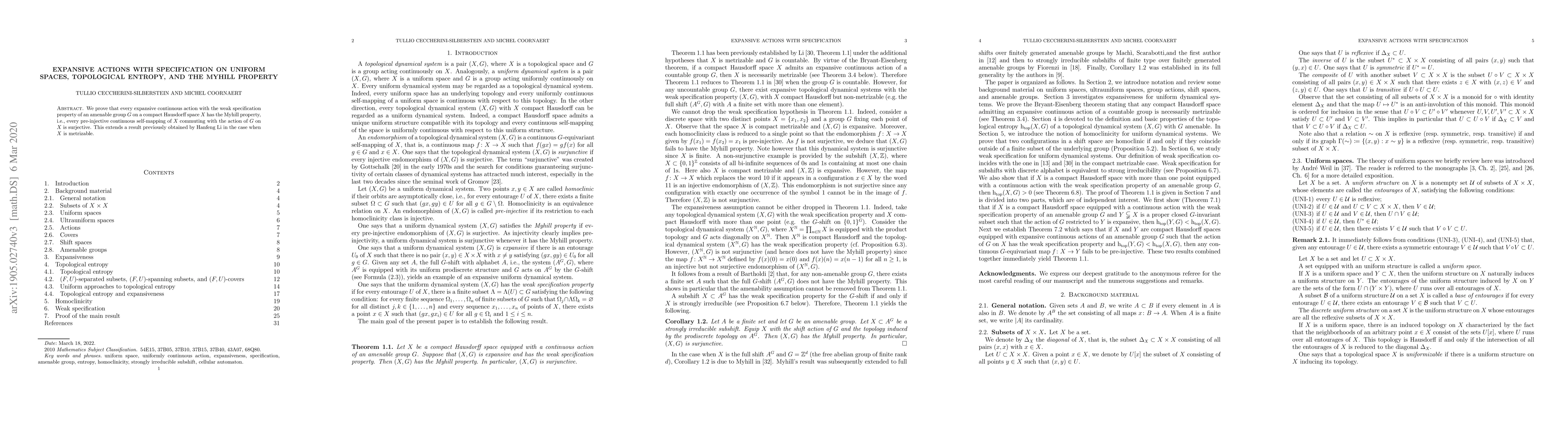 Thumbnail for Expansive actions with specification on uniform spaces, topological
  entropy, and the Myhill property