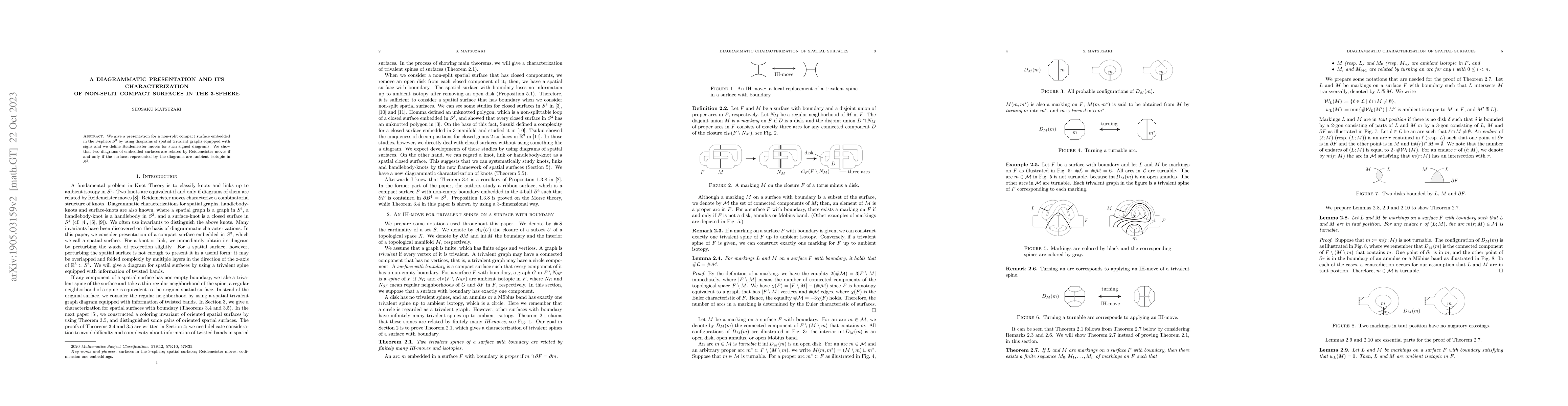 Thumbnail for A diagrammatic presentation and its characterization of non-split
  compact surfaces in the 3-sphere