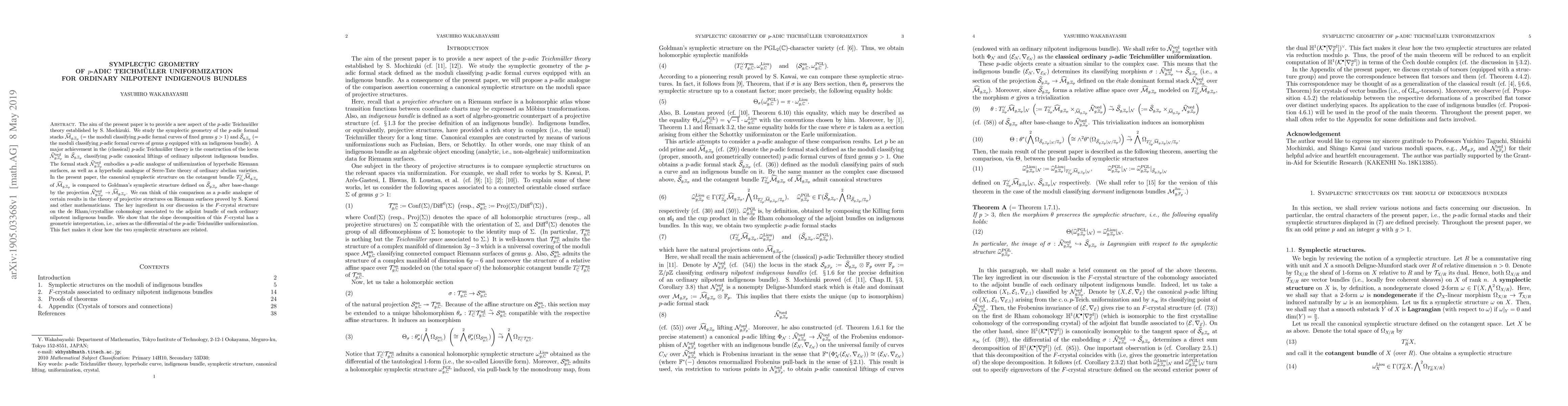 Thumbnail for Symplectic geometry of $p$-adic Teichm\"{u}ller uniformization for
  ordinary nilpotent indigenous bundles