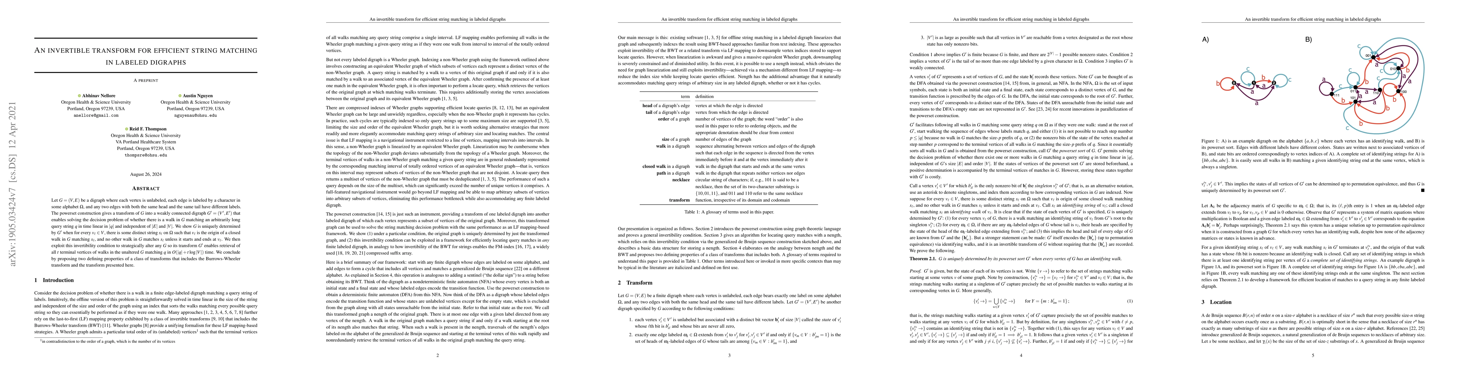Thumbnail for An invertible transform for efficient string matching in labeled
  digraphs