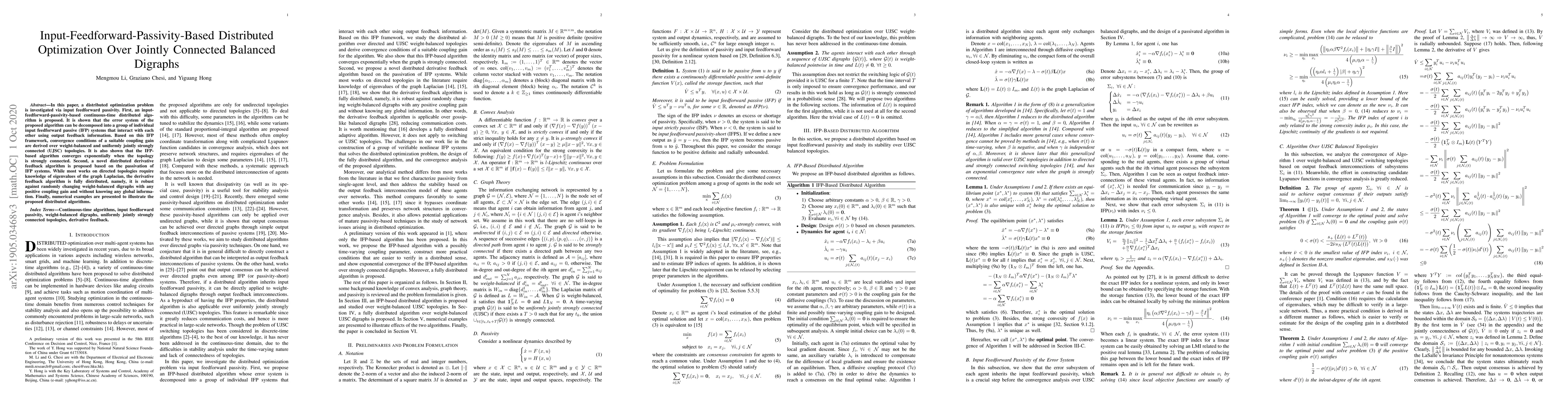 Thumbnail for Input-Feedforward-Passivity-Based Distributed Optimization Over Jointly
  Connected Balanced Digraphs