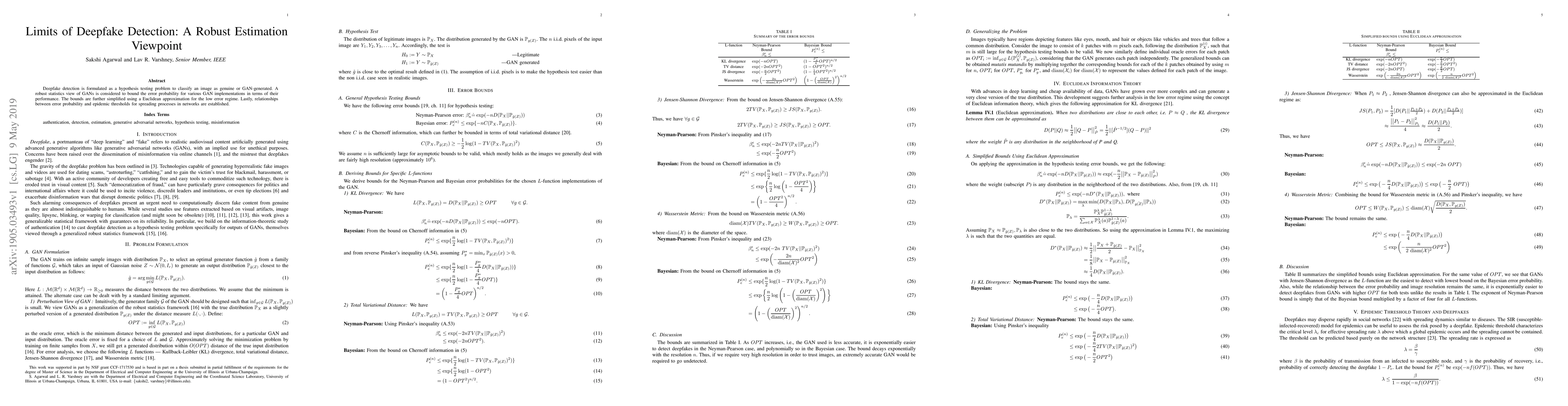 Thumbnail for Limits of Deepfake Detection: A Robust Estimation Viewpoint