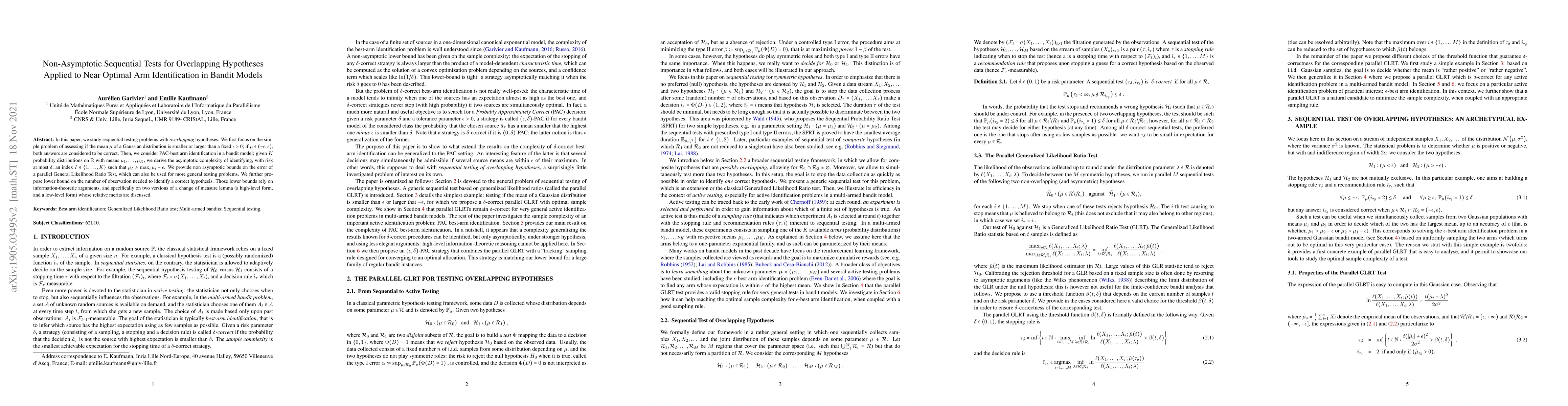 Thumbnail for Non-Asymptotic Sequential Tests for Overlapping Hypotheses and
  application to near optimal arm identification in bandit models