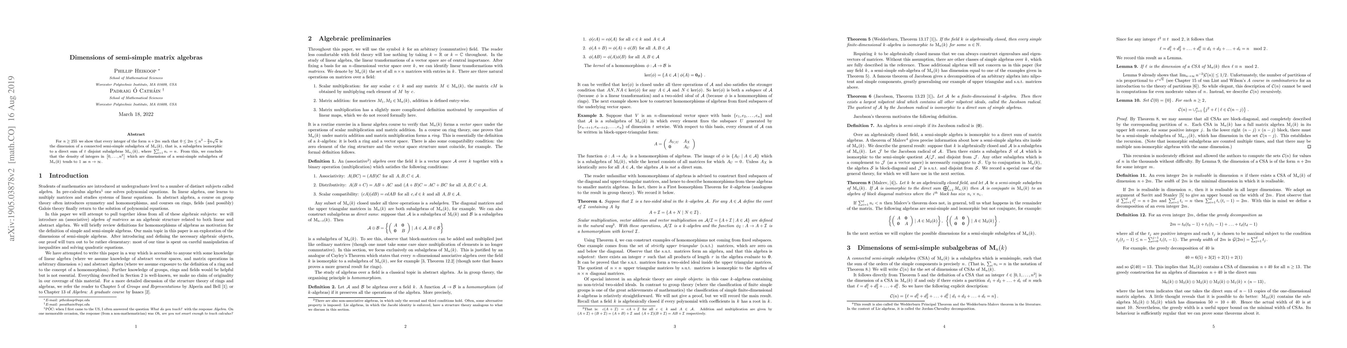 Thumbnail for Dimensions of semi-simple matrix algebras