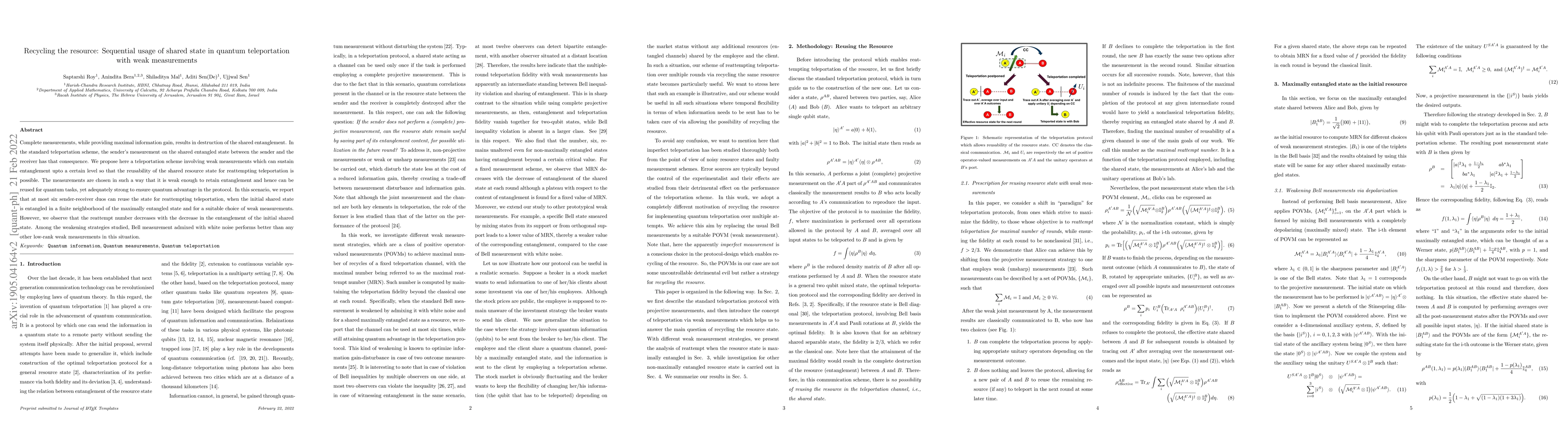 Thumbnail for Recycling the resource: Sequential usage of shared state in quantum
  teleportation with weak measurements