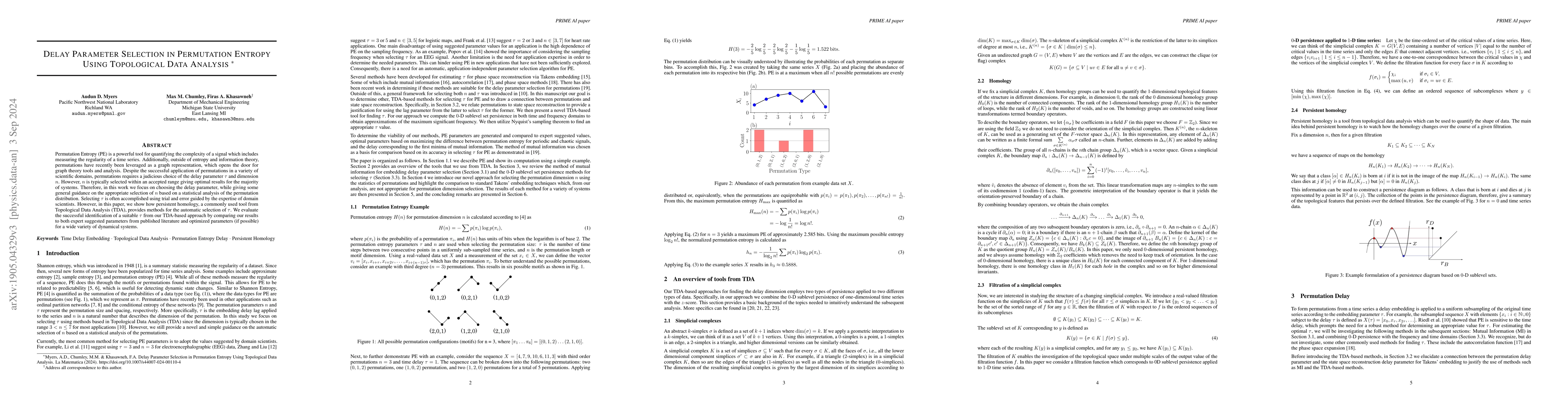 Thumbnail for Delay Parameter Selection in Permutation Entropy Using Topological Data
  Analysis