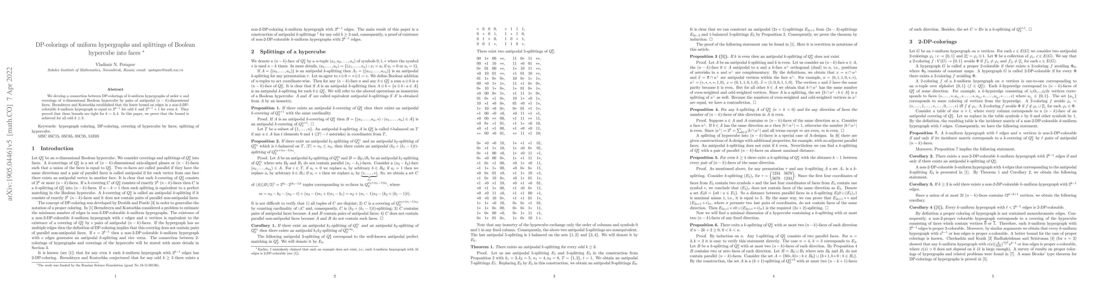 Thumbnail for DP-colorings of uniform hypergraphs and splittings of Boolean hypercube
  into faces
