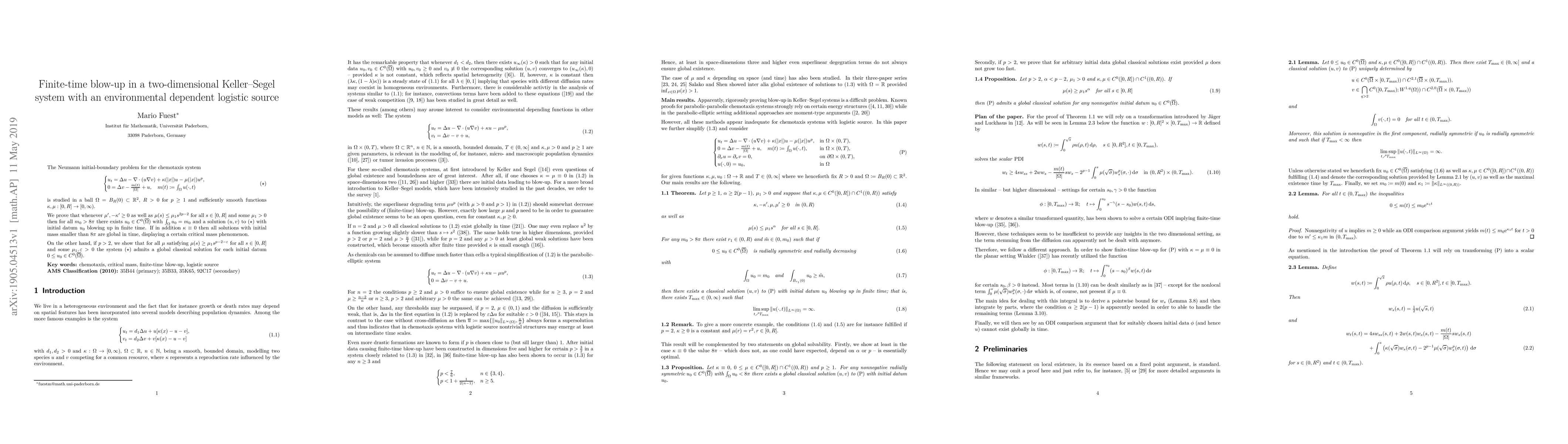 Thumbnail for Finite-time blow-up in a two-dimensional Keller--Segel system with an
  environmental dependent logistic source