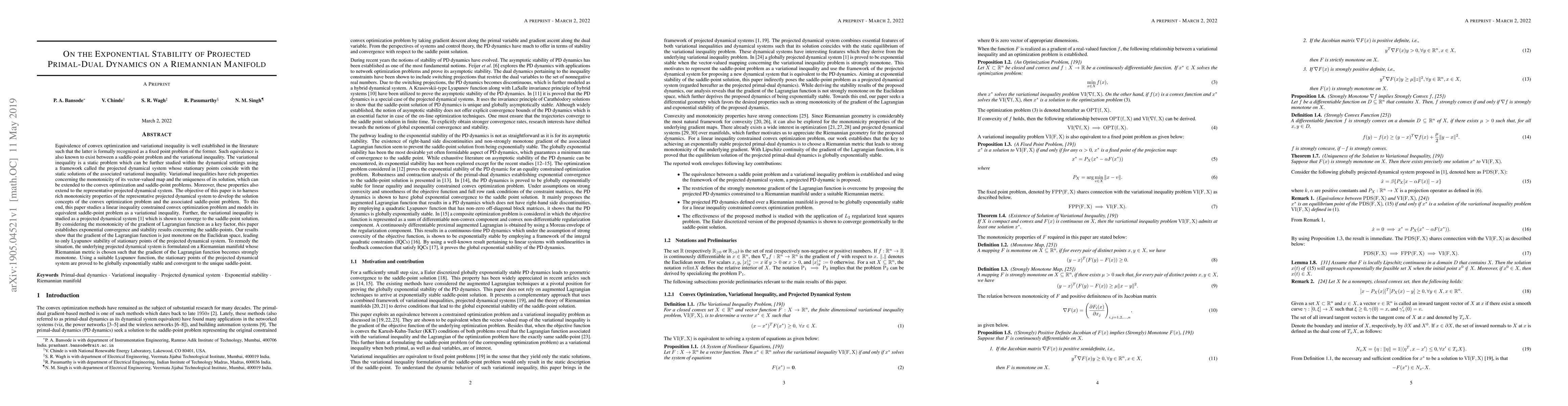 Thumbnail for On the Exponential Stability of Projected Primal-Dual Dynamics on a
  Riemannian Manifold