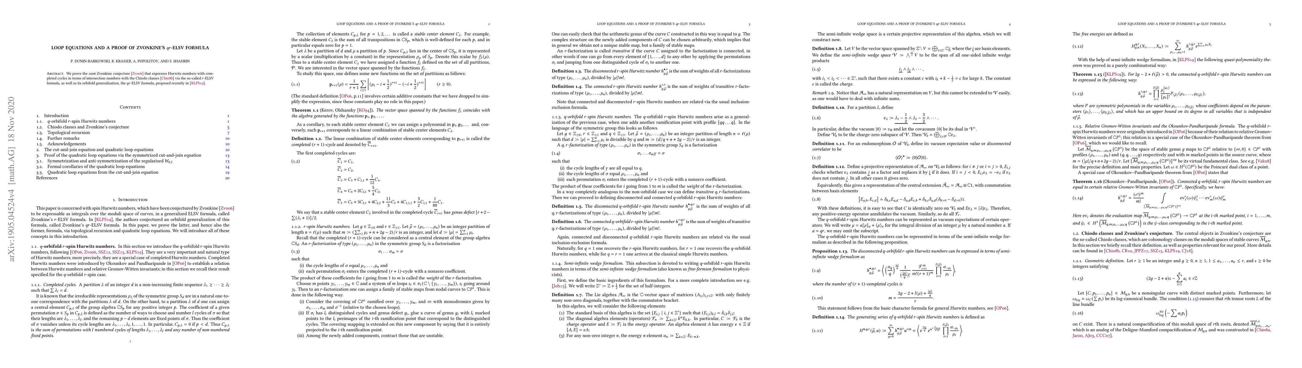 Thumbnail for Loop equations and a proof of Zvonkine's $qr$-ELSV formula