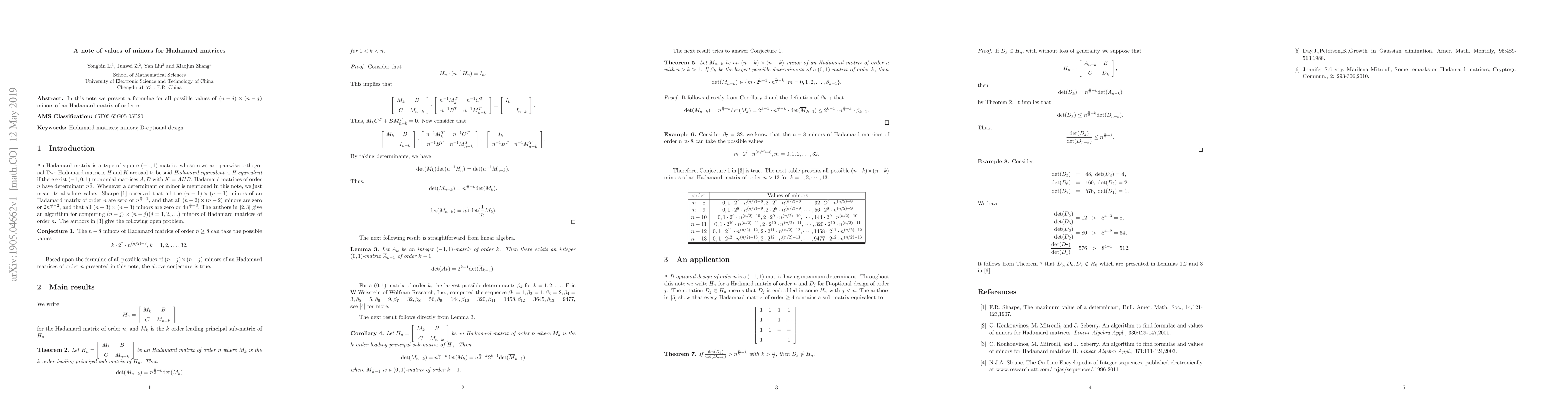 Thumbnail for A note of values of minors for Hadamard matrices