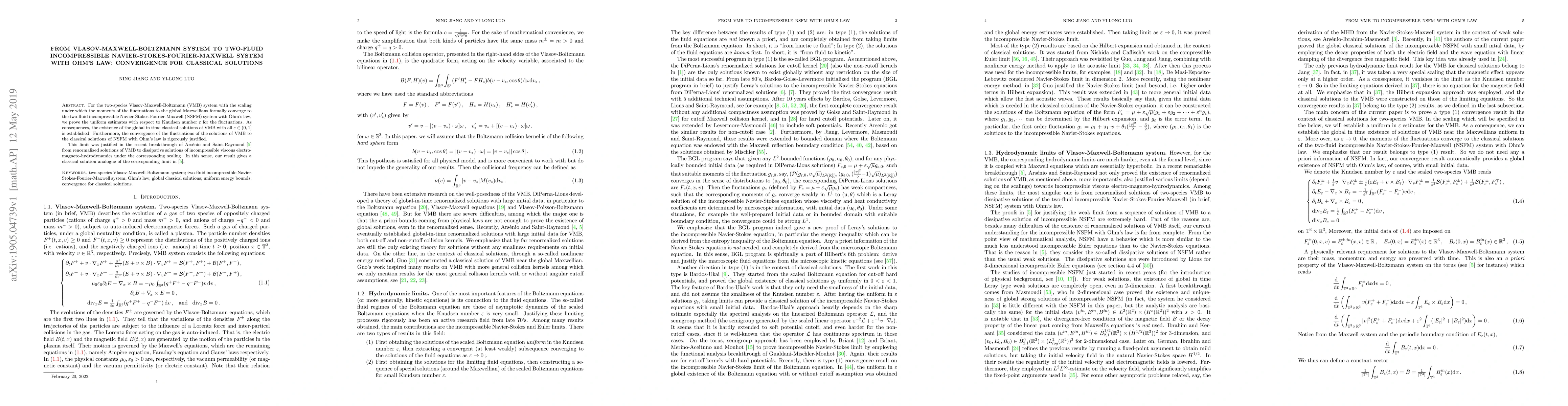 Thumbnail for From Vlasov-Maxwell-Boltzmann system to two-fluid incompressible
  Navier-Stokes-Fourier-Maxwell system with Ohm's law: convergence for
  classical solutions