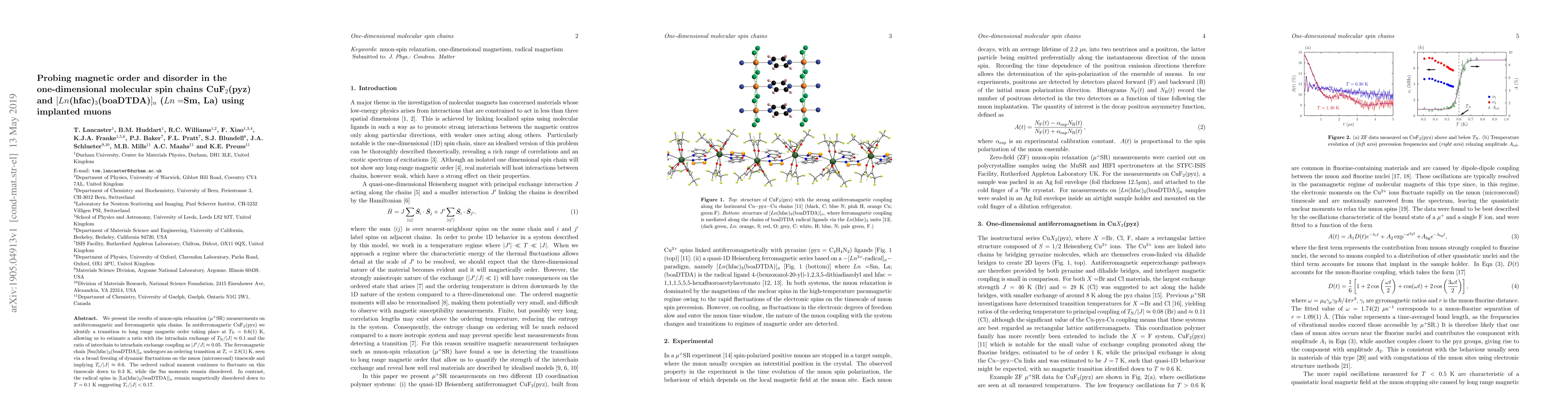 Thumbnail for Probing magnetic order and disorder in the one-dimensional molecular
  spin chains CuF2(pyz) and [Ln(hfac)3(boaDTDA)]n (Ln=Sm, La) using implanted
  muons