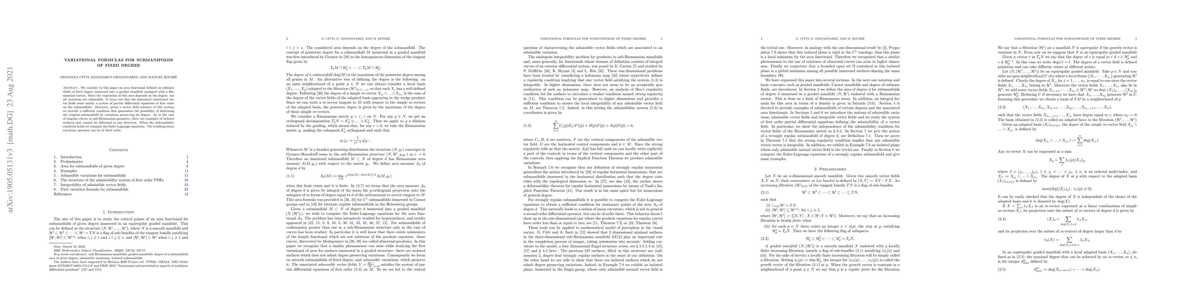 Thumbnail for Variational formulas for submanifolds of fixed degree