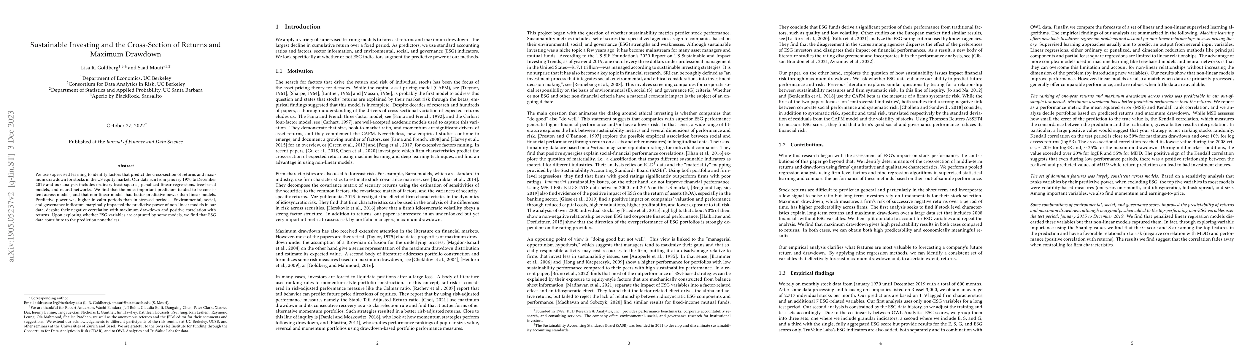 Thumbnail for Sustainable Investing and the Cross-Section of Returns and Maximum
  Drawdown