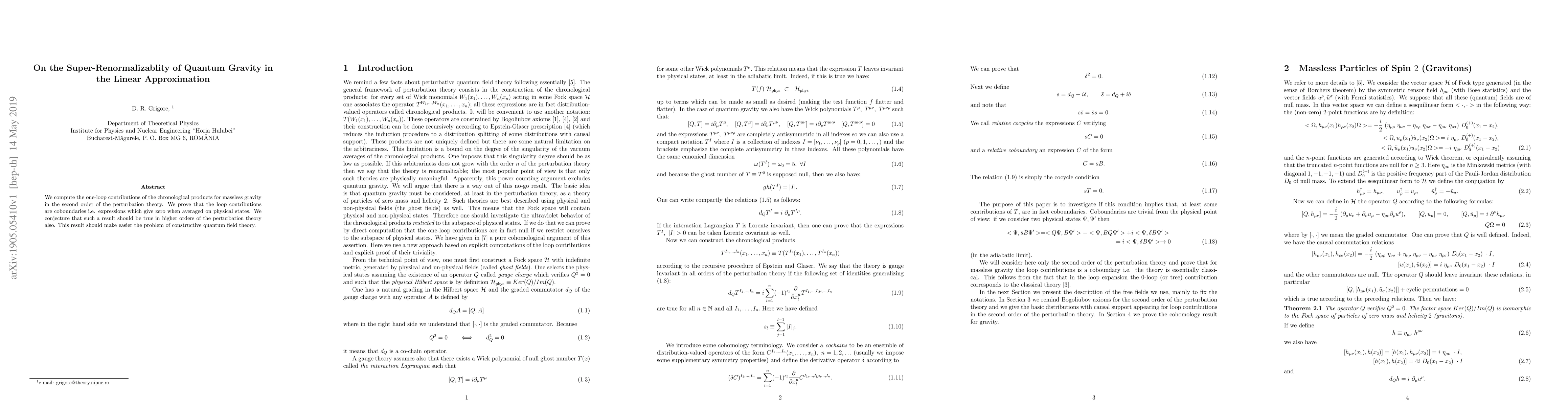 Thumbnail for On the Super-Renormalizablity of Quantum Gravity in the Linear
  Approximation