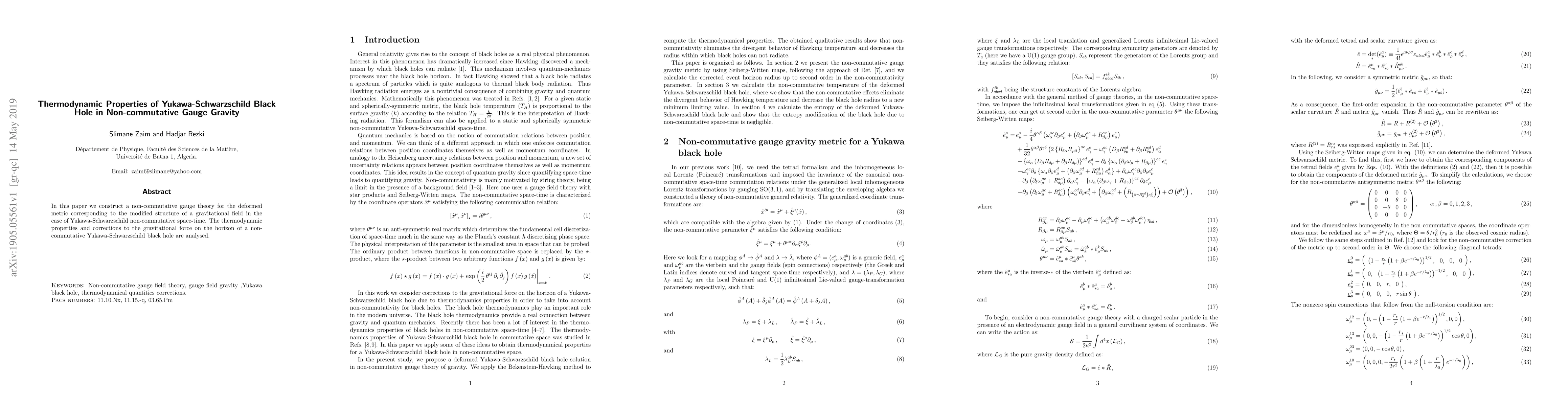 Thumbnail for Thermodynamic Properties of Yukawa-Schwarzschild Black Hole in
  Non-commutative Gauge Gravity