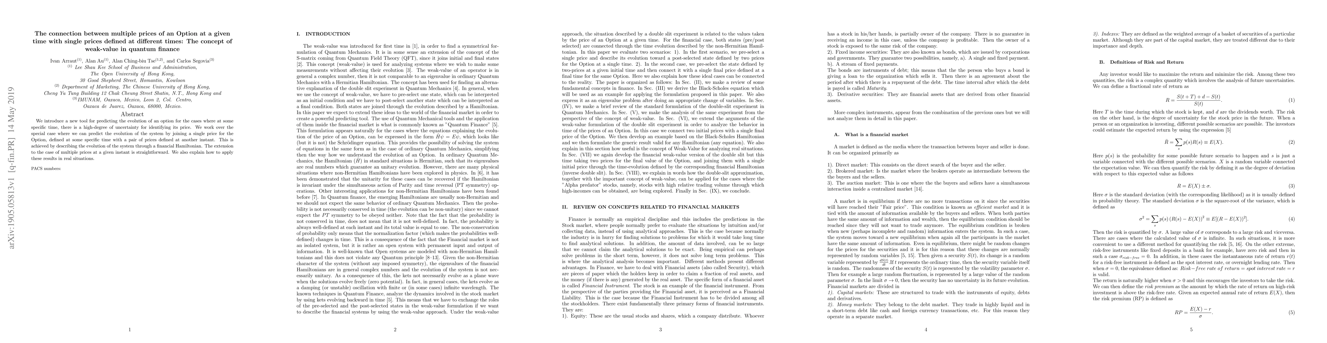 Thumbnail for The connection between multiple prices of an Option at a given time with
  single prices defined at different times: The concept of weak-value in
  quantum finance