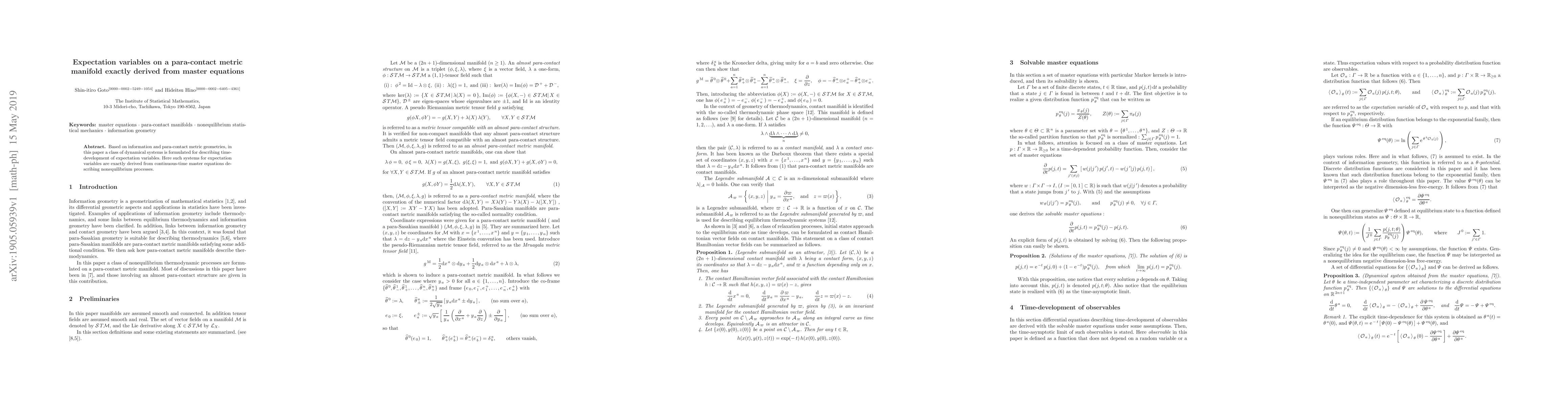 Thumbnail for Expectation variables on a para-contact metric manifold exactly derived
  from master equations