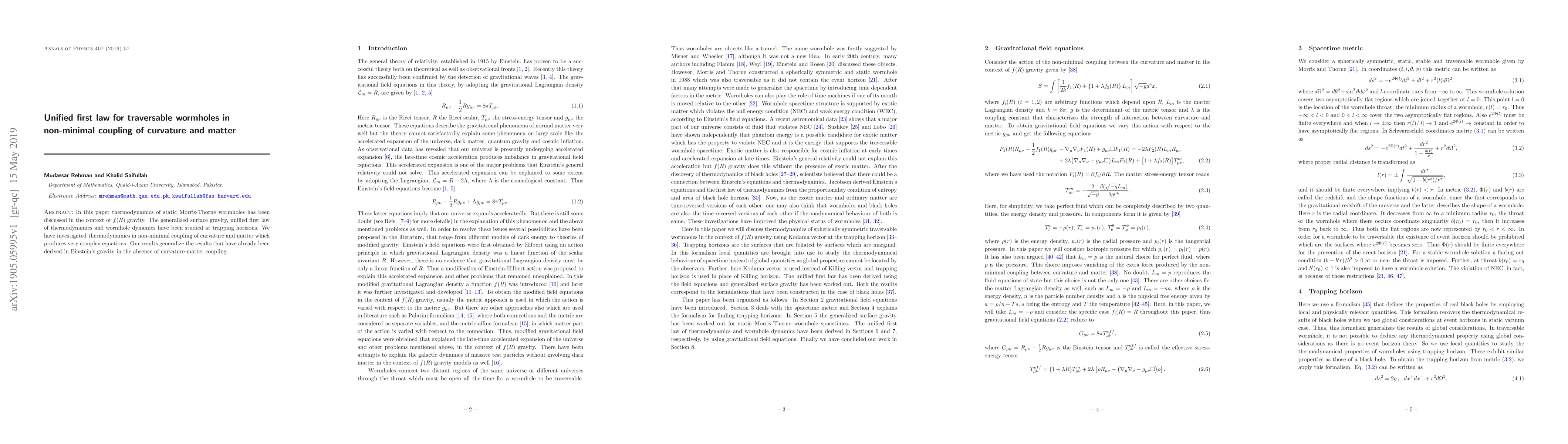 Thumbnail for Unified first law for traversable wormholes in non-minimal coupling of
  curvature and matter