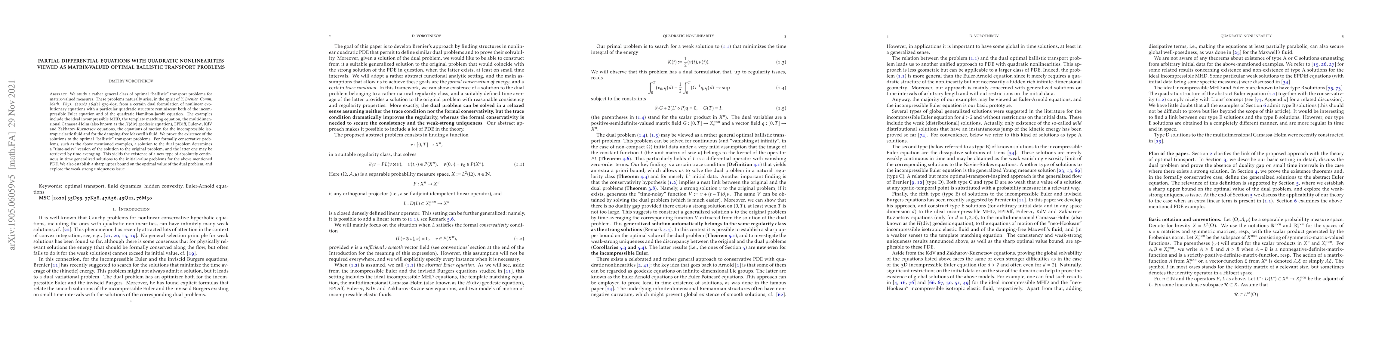 Thumbnail for Partial differential equations with quadratic nonlinearities viewed as
  matrix-valued optimal ballistic transport problems