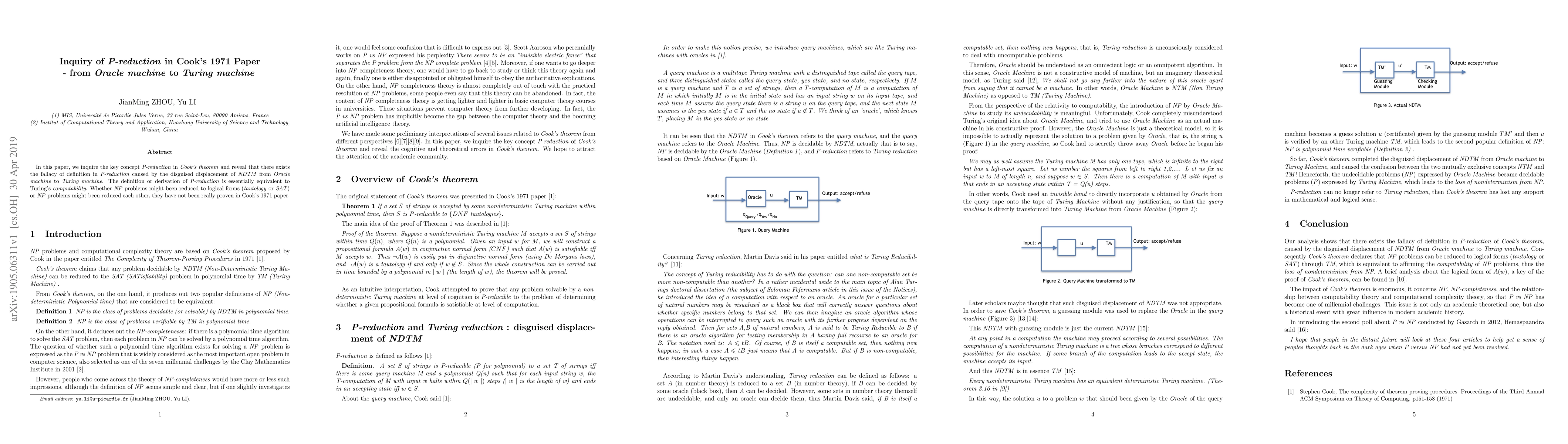 Thumbnail for Inquiry of P-reduction in Cook's 1971 Paper -- from Oracle machine to
  Turing machine