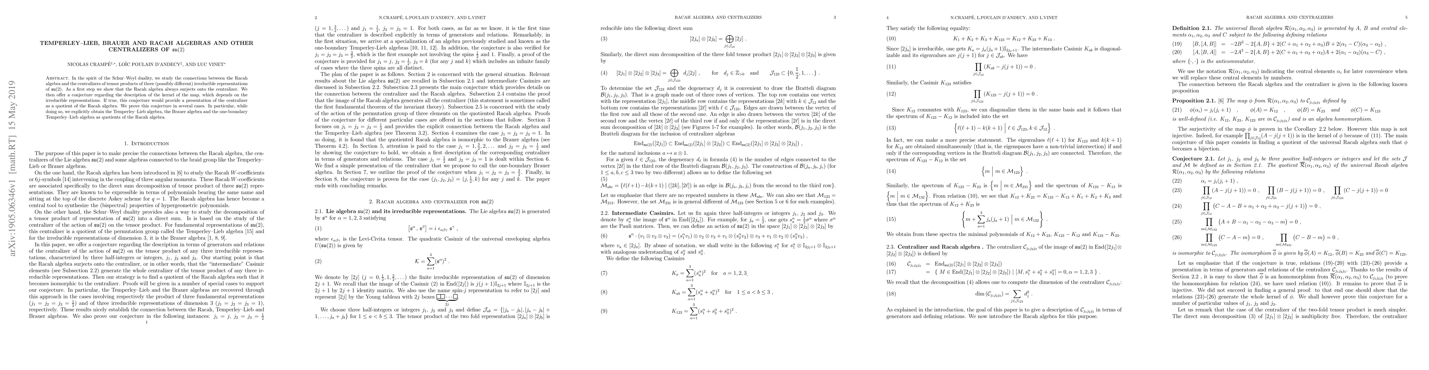 Thumbnail for Temperley-Lieb, Brauer and Racah algebras and other centralizers of
  su(2)