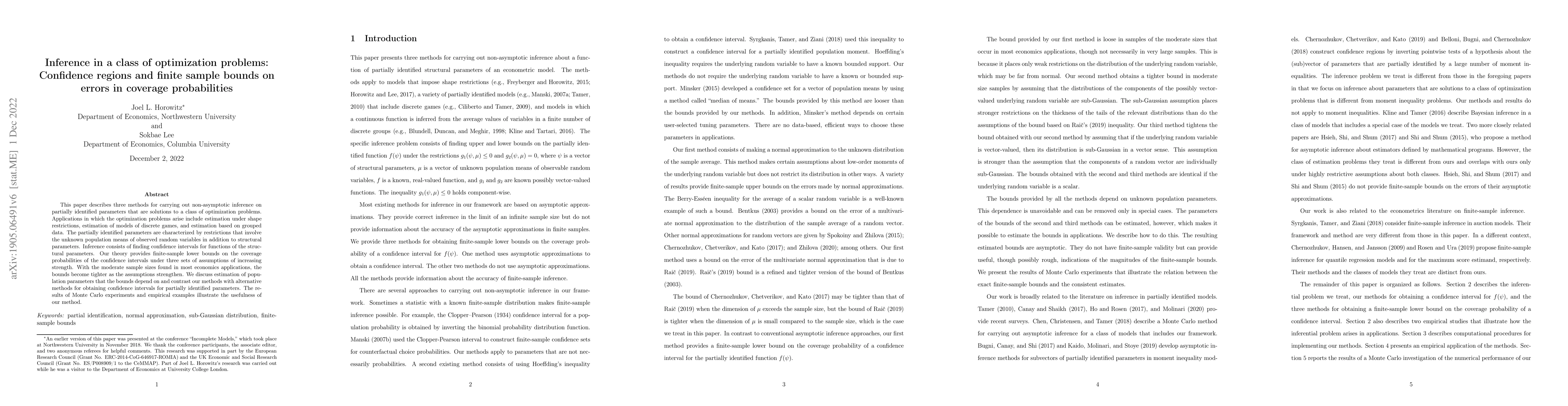 Thumbnail for Inference in a class of optimization problems: Confidence regions and
  finite sample bounds on errors in coverage probabilities