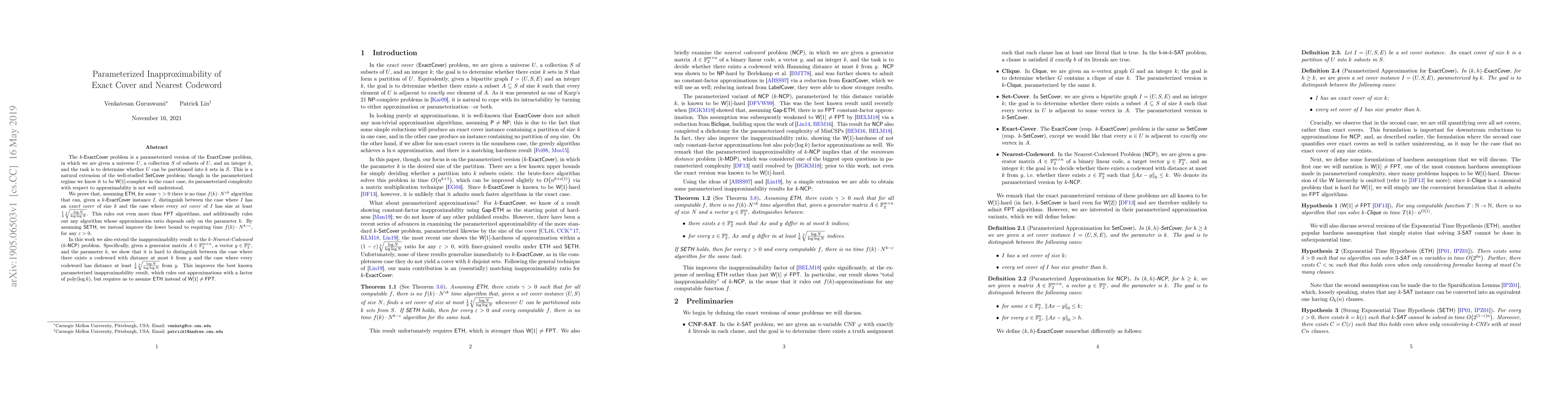 Thumbnail for Parameterized Inapproximability of Exact Cover and Nearest Codeword