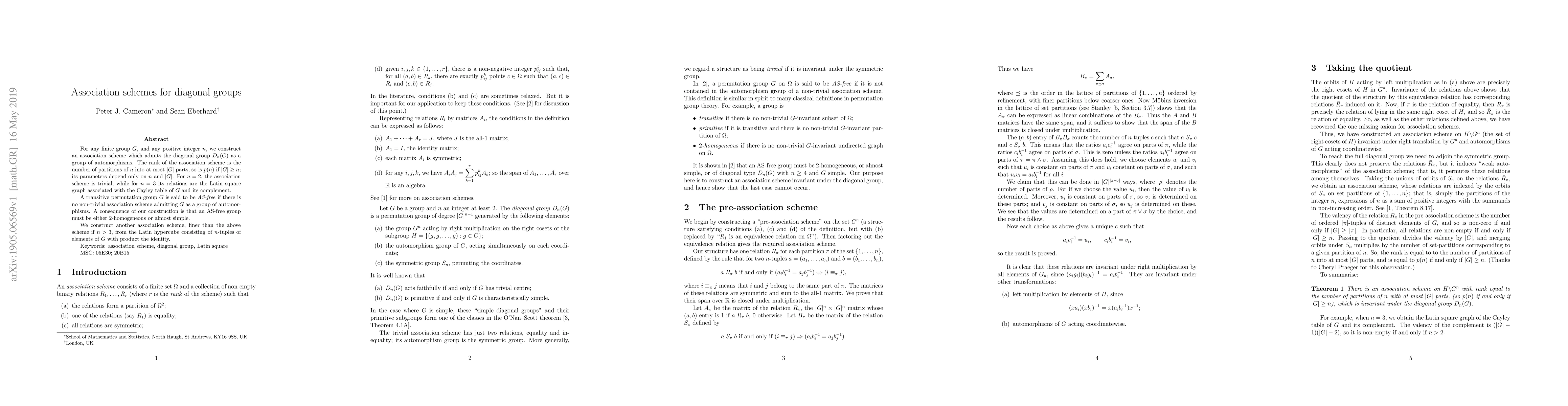 Thumbnail for Association schemes for diagonal groups