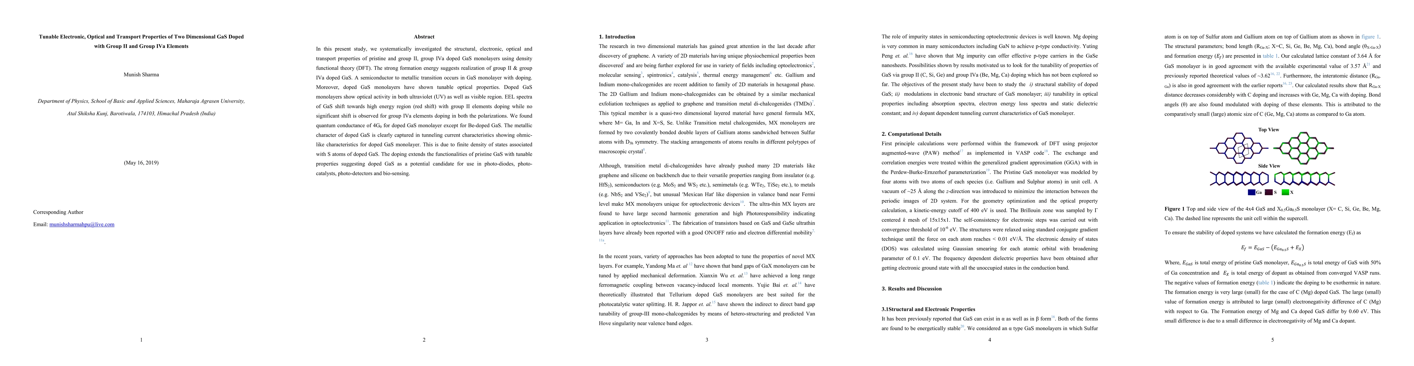 Thumbnail for Tunable Electronic, Optical and Transport Properties of Two Dimensional
  GaS Doped with Group II and Group IVa Elements