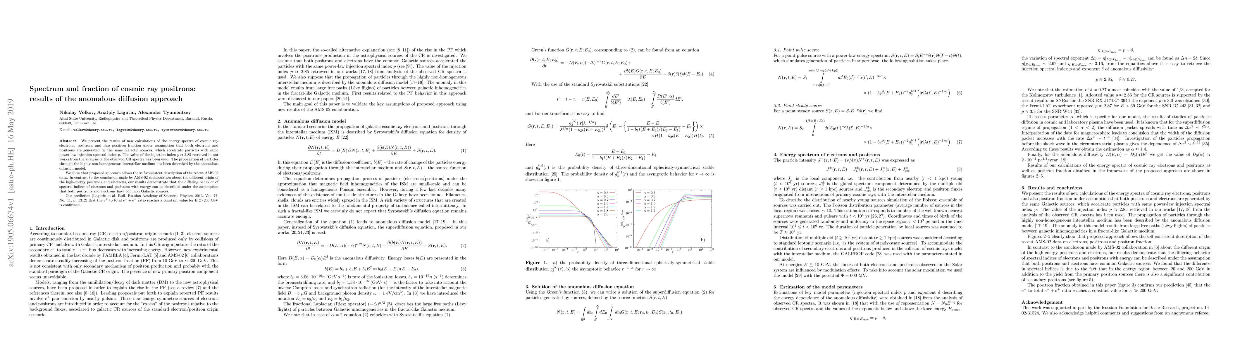 Thumbnail for Spectrum and fraction of cosmic ray positrons: results of the anomalous
  diffusion approach