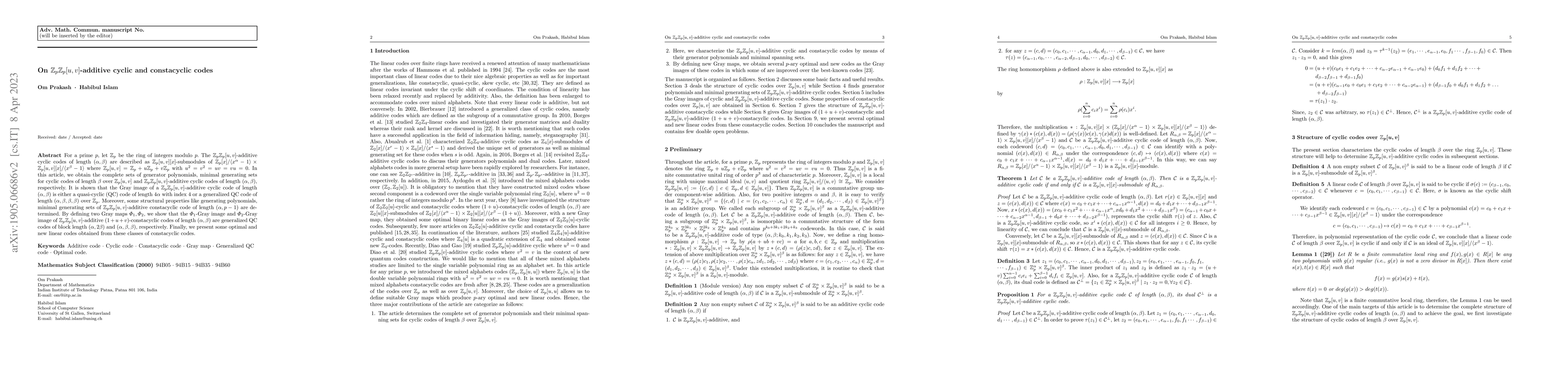 Thumbnail for On ZpZp[u, v]-additive cyclic and constacyclic codes