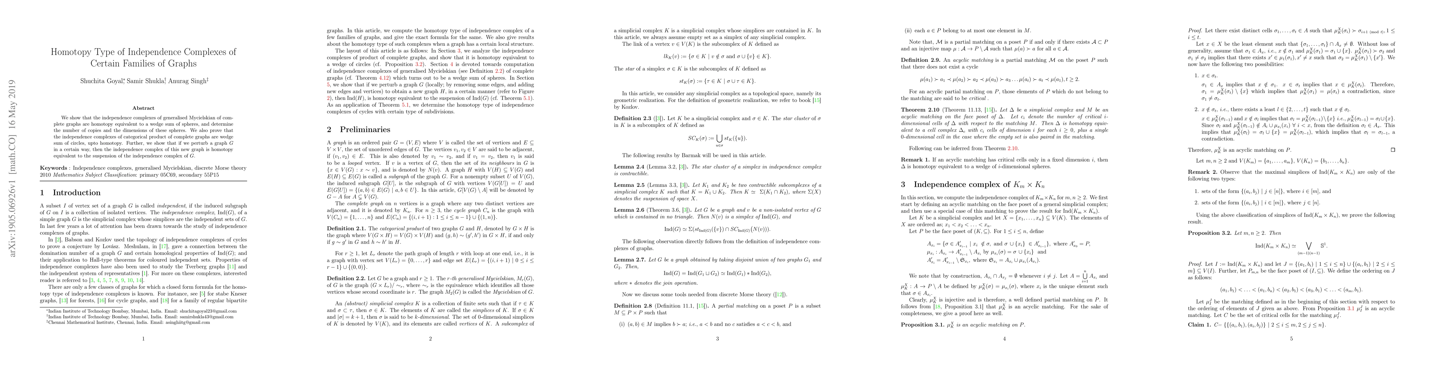 Thumbnail for Homotopy Type of Independence Complexes of Certain Families of Graphs