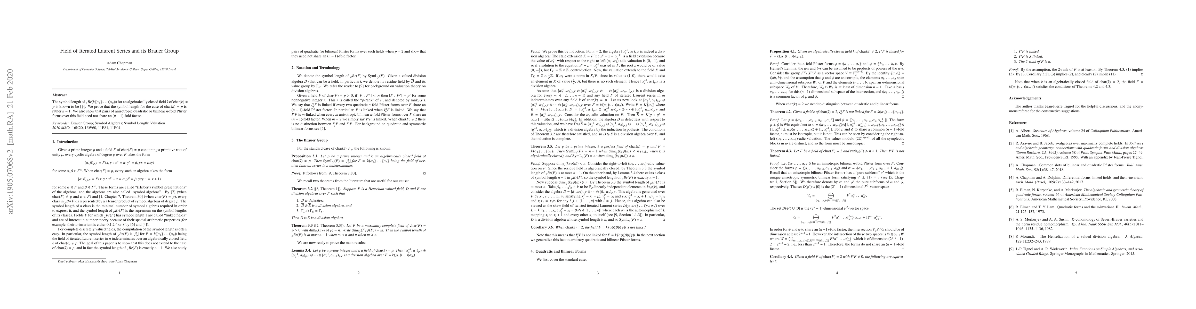 Thumbnail for Field of Iterated Laurent Series and its Brauer Group