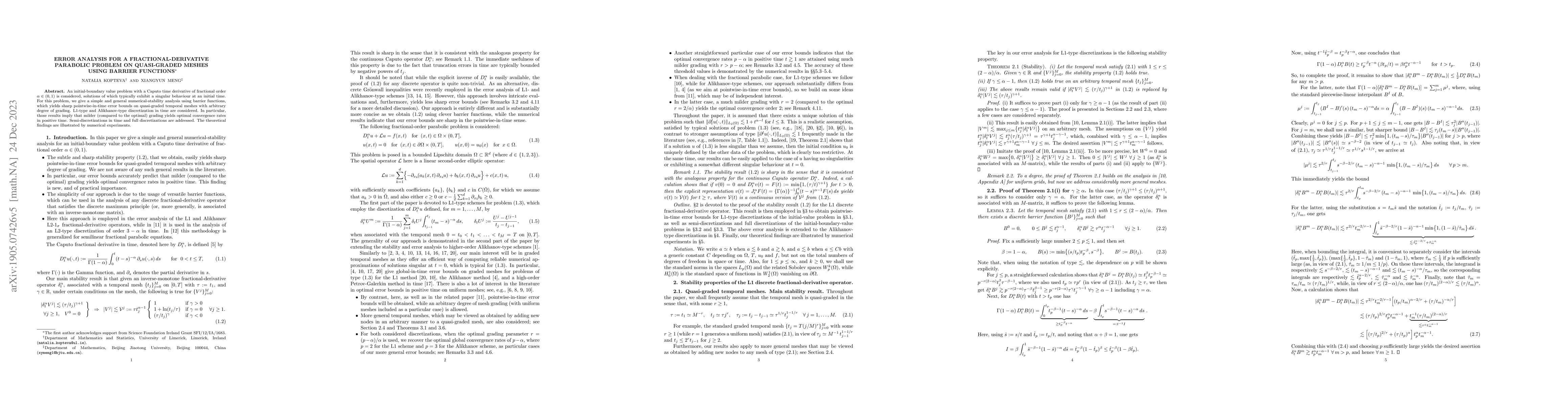 Thumbnail for Error analysis for a fractional-derivative parabolic problem on
  quasi-graded meshes using barrier functions