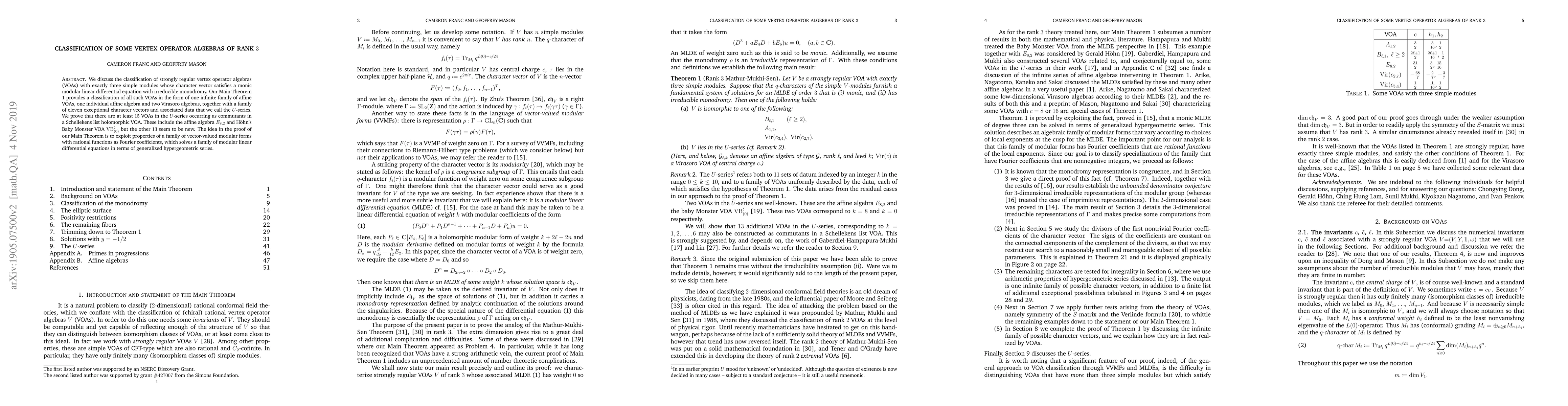 Thumbnail for Classification of some vertex operator algebras of rank 3