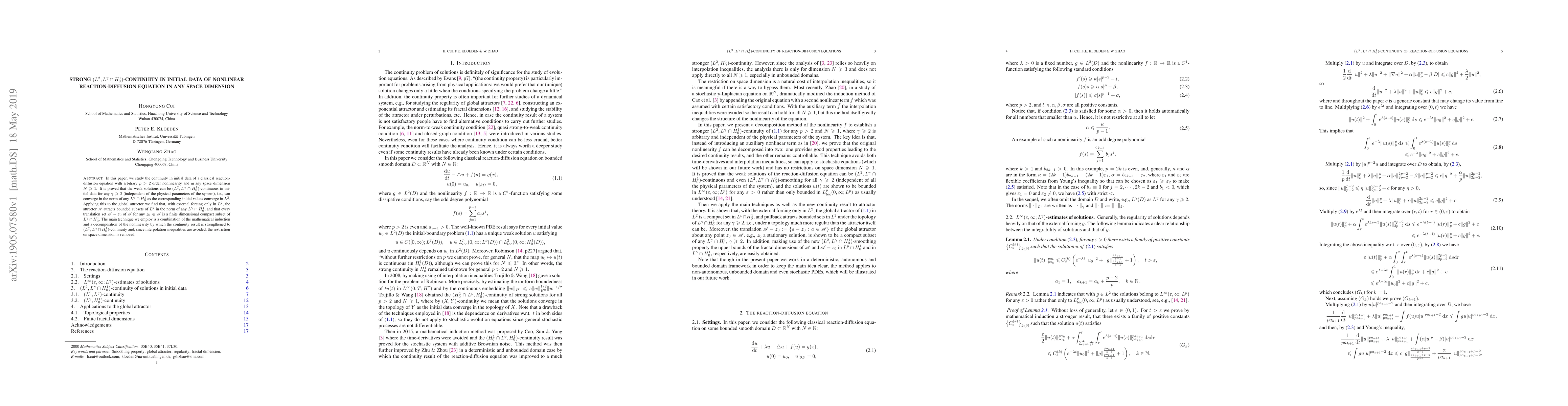 Thumbnail for Strong $(L^2,L^\gamma\cap H_0^1)$-continuity in initial data of
  nonlinear reaction-diffusion equation in any space dimension