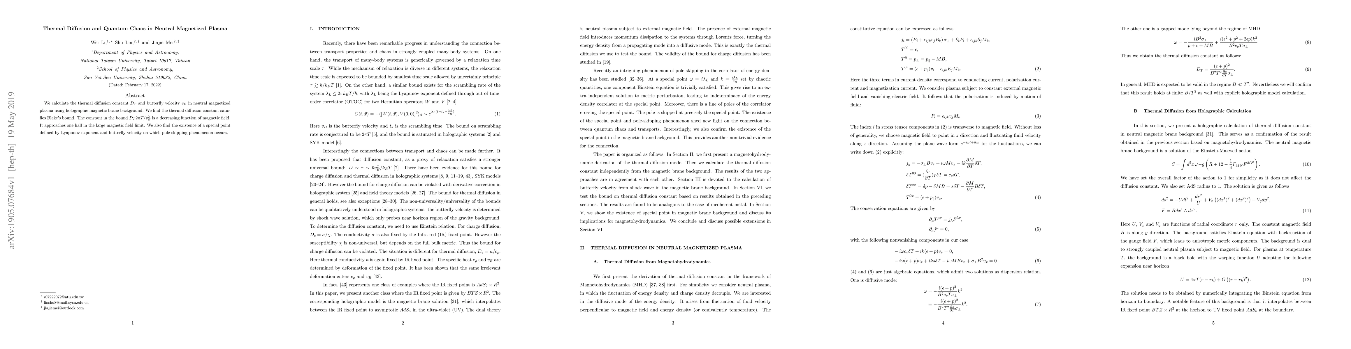 Thumbnail for Thermal Diffusion and Quantum Chaos in Neutral Magnetized Plasma