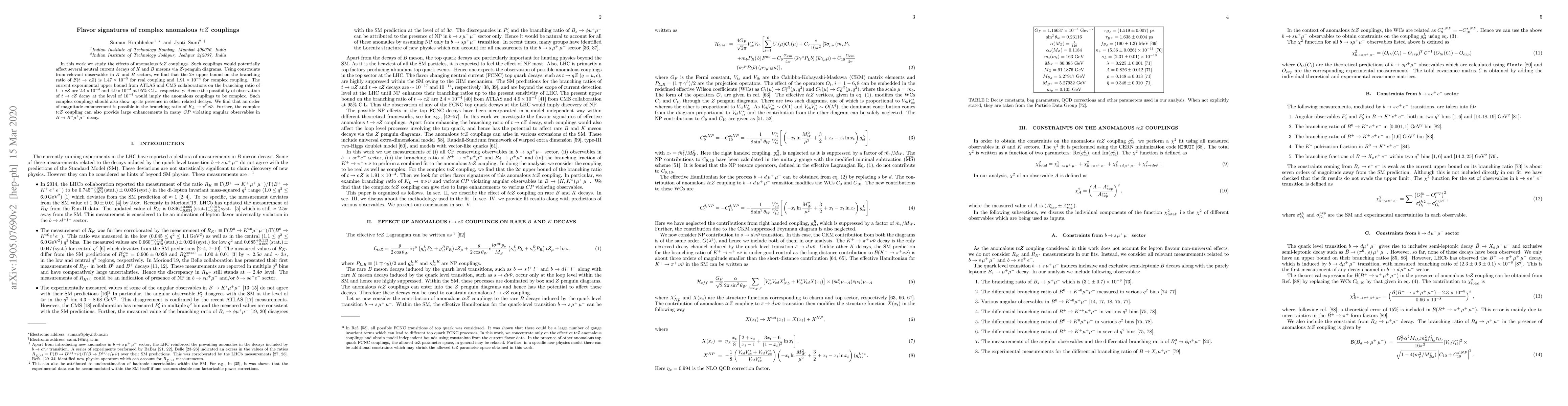 Thumbnail for Flavor signatures of complex anomalous $tcZ$ couplings