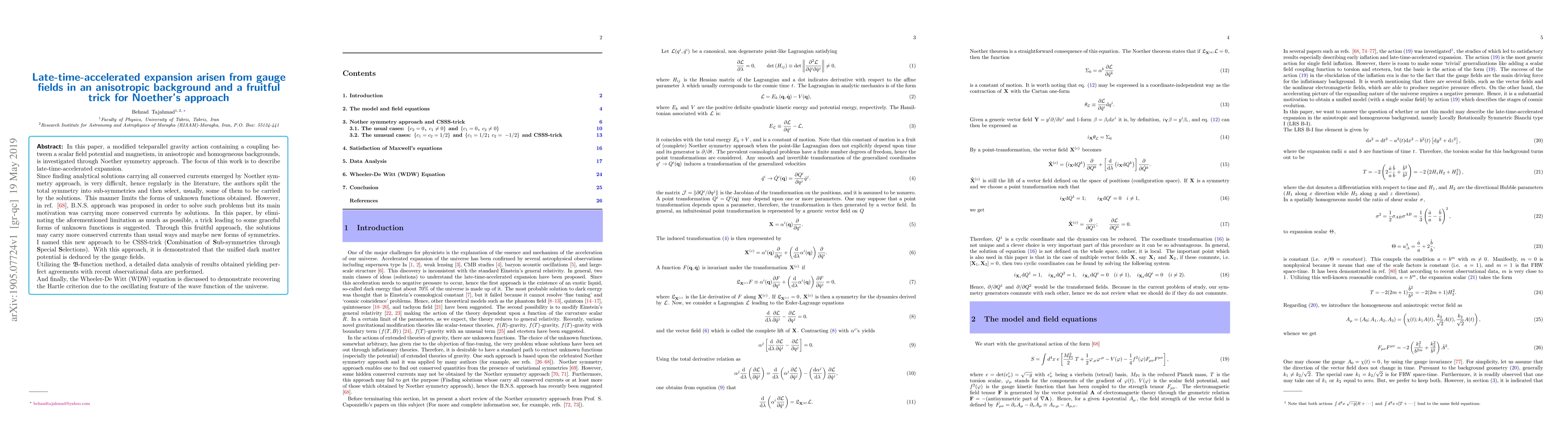 Thumbnail for Late-time-accelerated expansion arisen from gauge fields in an
  anisotropic background and a fruitful trick for Noether's approach
