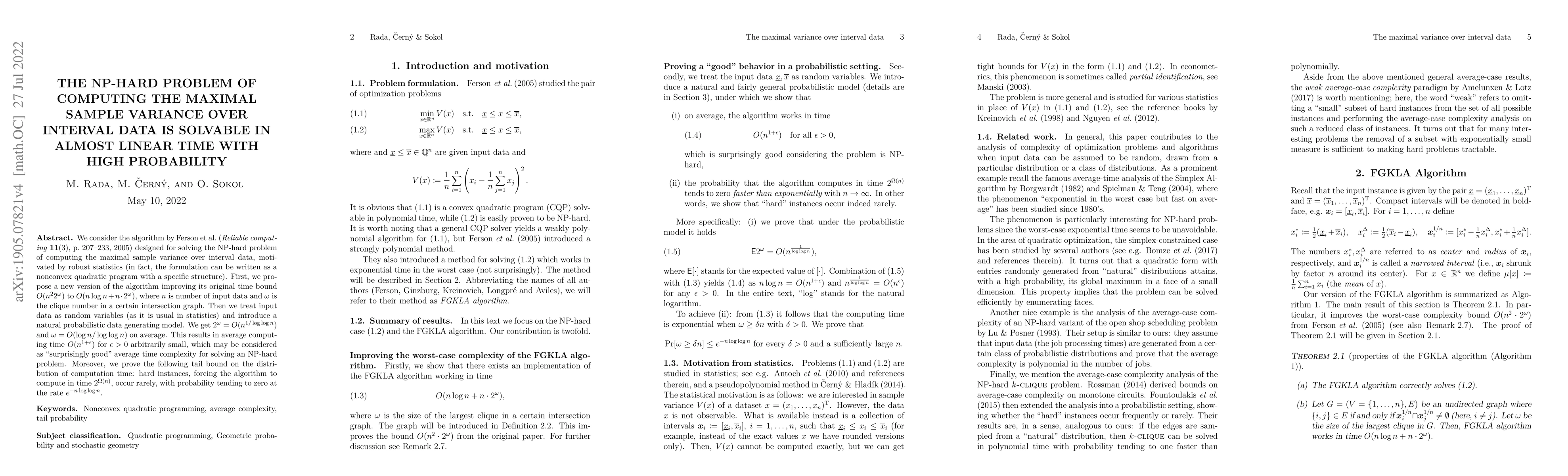 Thumbnail for The NP-hard problem of computing the maximal sample variance over
  interval data is solvable in almost linear time with high probability