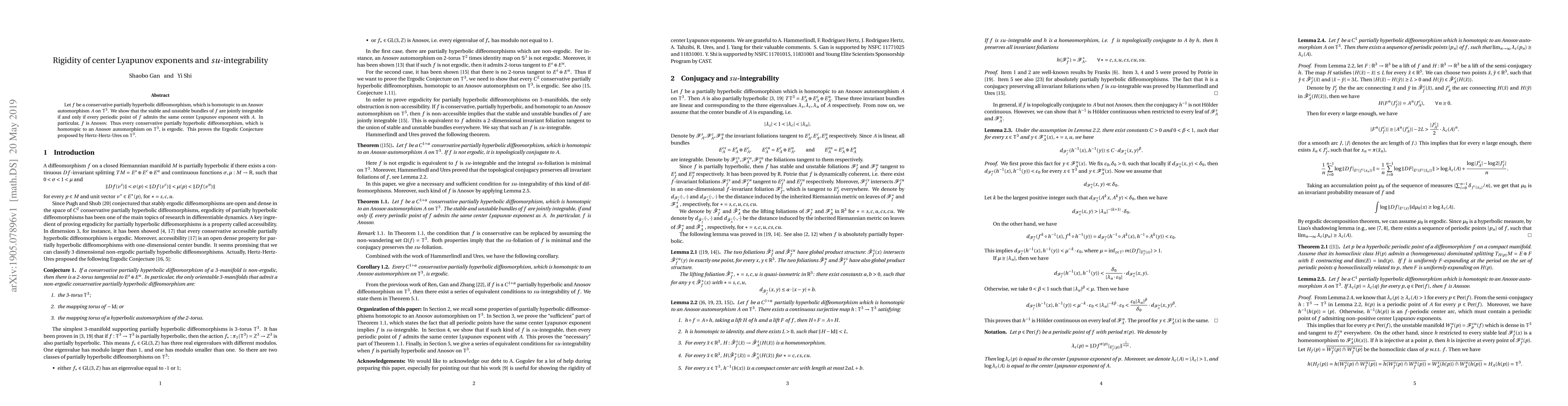 Thumbnail for Rigidity of center Lyapunov exponents and $su$-integrability